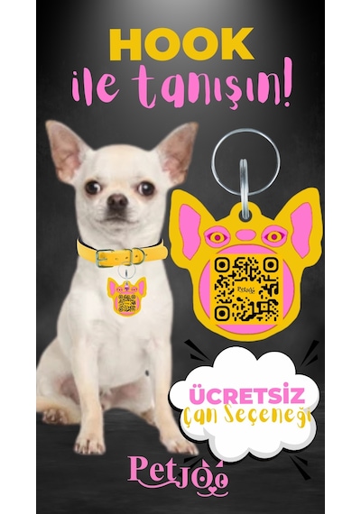 Petjoo 7.Hook Pembe-Sarı Qr'lı Köpek Künyesi