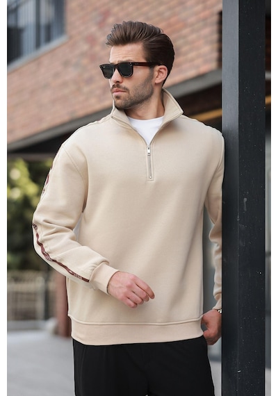Madmext Bej Fermuarlı Yarım Balıkçı Yaka Erkek Sweatshirt E7164 Bej