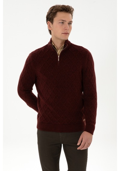 U.S. Polo Assn. Erkek Regular Fit Yarım Fermuarlı Desenli Bordo Kazak 50315035-VR177