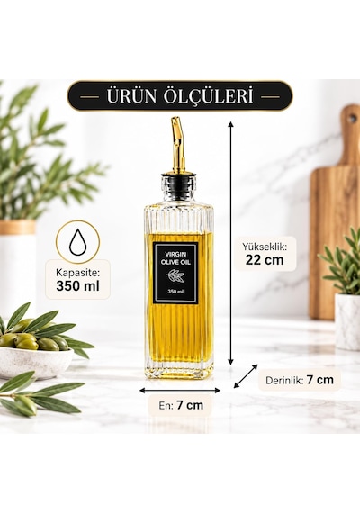 Cam Yağdanlık 350 Ml - Gold Tipal Akıtmaz Başlıklı Yağlık Sirkelik - Zeytinyağı Ayçiçek Yağı Sirke Ve Soslar İçin Çizgili Cam Şişe - Damlama Önleyici Mutfak Yağ Şişesi 7x7x22 Cm Diğer