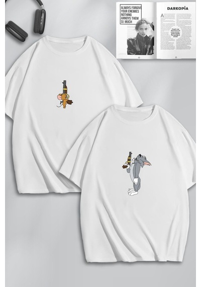 Unisex Kadın Erkek Tom Ve Jerry Düello Baskılı Sevgili Çift Kombini Tasarım Oversize Tshirt 2'li Beyaz Mck0092 Beyaz