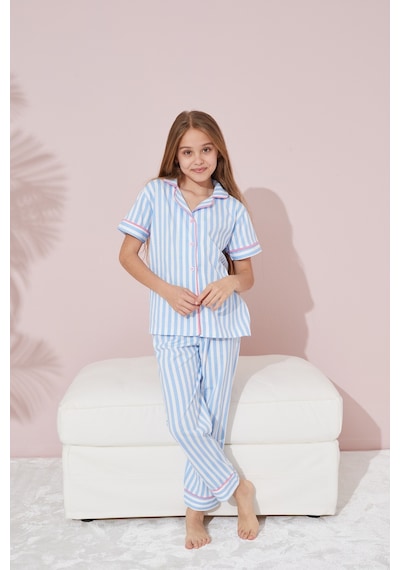 Siyah İnci Pamuklu Likralı Düğmeli Pijama Takım Mavi Beyaz