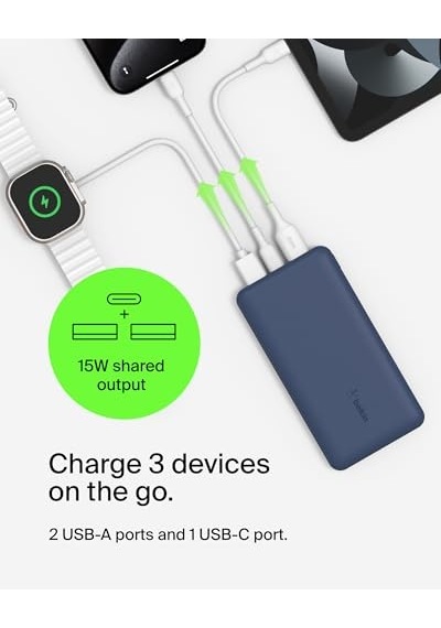 10000 Mah Powerbank, 15w Usb-c & 12w 2xusb-a Girişli, Kompakt Dizayn, Kablo Dahil, Mavi