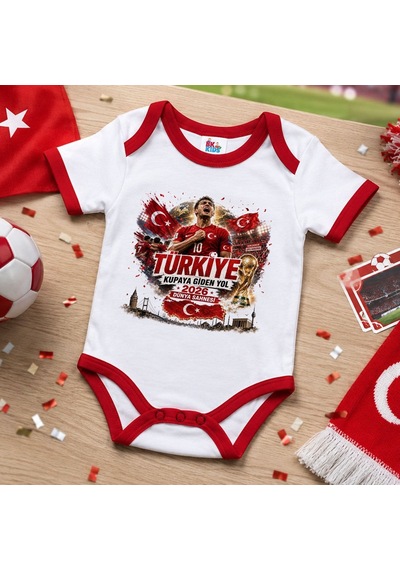Bk Gift Türkiye Taraftar Temalı 2026 Dünya Kupası Tasarımlı Kırmızı Bebek Body Zıbın-3 Tek Yürek Milli Takım Ruhu