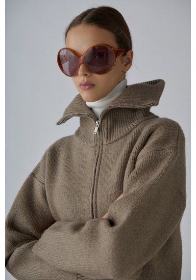 Suud Collection Sütlü Kahve Aspen Fermuarlı Triko Hırka