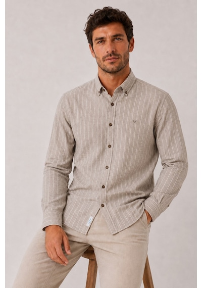 Slim Fit Uzun Kol Çizgili Cepsiz Keten Likra Hediye Kutulu Erkek Gömlek Fs-004579 - Bej-3330