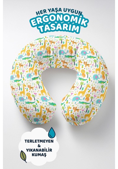 Safari Hayvanları Desenli Pamuklu Boyun Yastığı - Eğlenceli Yeşil Turuncu Seyahat Yastığı Pastel Lavanta Aqua