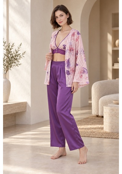 Loule Kadın Mor-pembe Çiçekli Kimonolu Saten Pijama Takımı Mor - Pembe