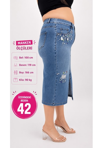 Zanessi Fashıon Büyük Beden Denim Taşlı Kalem Etek Mavi
