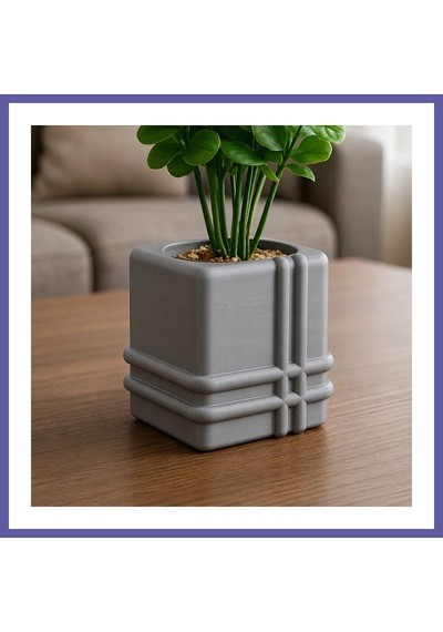 Bezos 3d Baskı Square Planter - Izgara Desenli Küp Saksı-gri Nıda