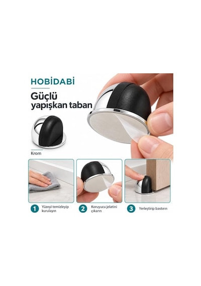 Yarımay Yapışkanlı Kapı Kolu Stoperi, Metal Kapı Tamponu, Koruyucu Kapı Durdurucu 5, Krom