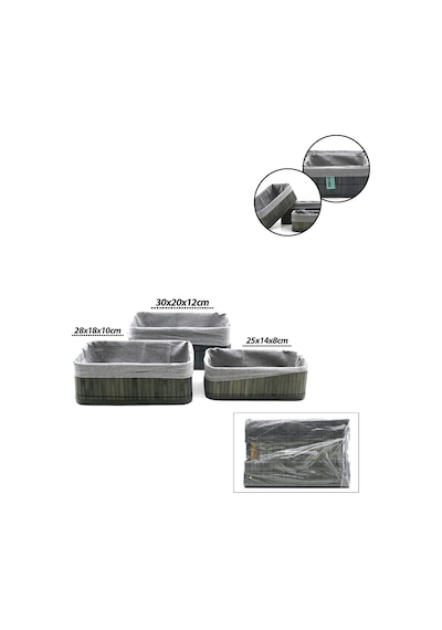 Gri 3 Boy D.dörtgen Bambu Kenar Organizer Sepet Ahşap Altlık - Bezli 25x14-28x18-20x30cm 5047 Çok Renkli
