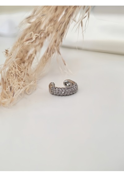 Minimal Işıltılı Zirkon Taşlı Kıkırdak Cuff Gümüş Renk Küpe Silver