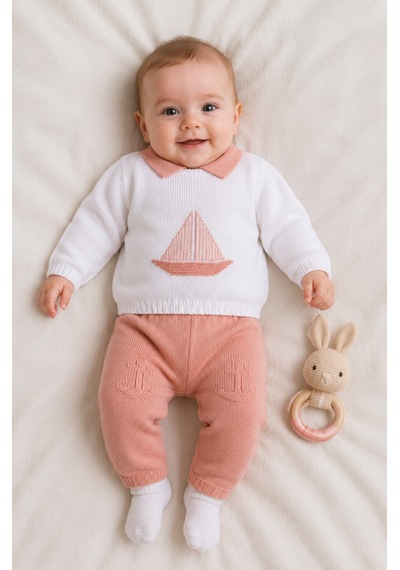 Babyhola Gemi Desenli Erkek Bebek Triko Takım 5607 Turuncu