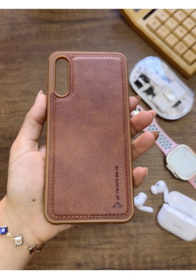 Samsung Galaxy A70 Uyumlu Premium Deri Dokulu Darbelere Karşı Dayanıklı Nazal Silikon Kılıf Kahverengi