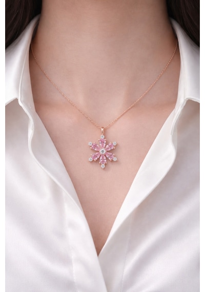 Çekirdekjewelry 925 Ayar Gümüş Pembe Taşlı Kamelya Çiçeği Kolye Rose
