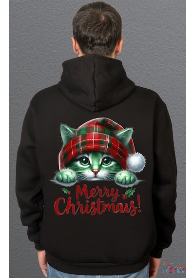 Bumeta Sevimli Kedi Yılbaşı Cute Christmas Sweatshirt Unisex Kapüşonlu Hoodie Siyah