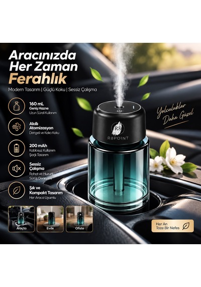 R8poınt Araç Koku Difüzörü Hava Nemlendiricisi 160 Ml Akıllı Aroma Atomizeri 200 Mah Şarjlı Type-c Led Işıklı 001
