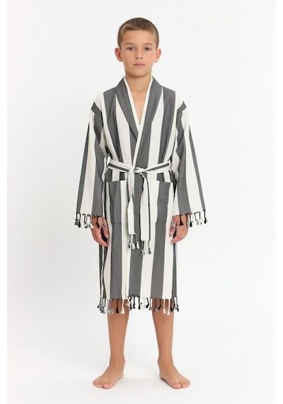 Çocuk Striped Peştamal Bornoz %100 Pamuk Unisex Siyah