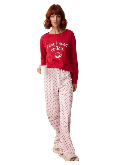 Ersefa Kadın Galaksi Desenli Uzun Kollu Pijama Takımı Fonksiyonel Dayanı Kırmızı