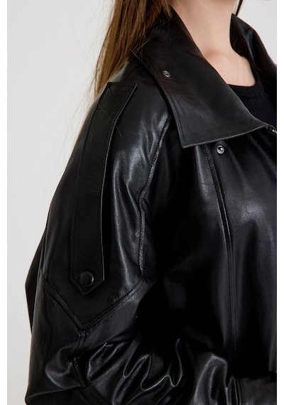 Oversize Bayan Deri Ceket Vb-20-bk-2847-24116 Siyah
