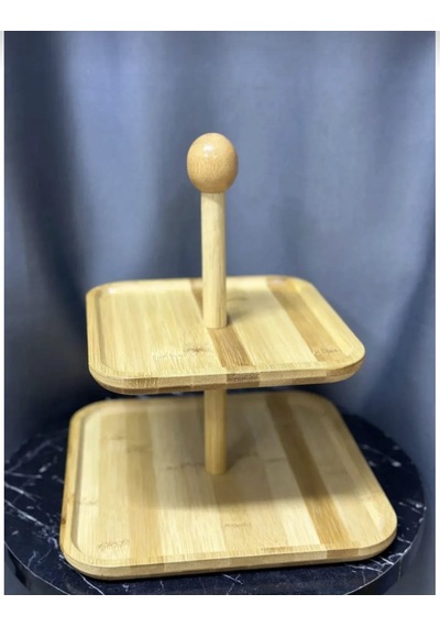 2 Katlı Kare Bambu Sunumluk Doğal Bambu Servis Standı, Kek & Pasta Sunum Tepsisi Açık Kahverengi