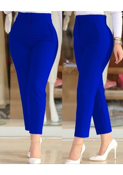 Efnaz Style Kadın Çima Detay Ithal Krep Pantolon Saks Mavi
