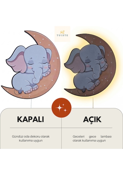 Fil Figürlü Bebek Çocuk Odası Dekoru Gece Lambası Ahşap Duvar Lambası Ay Tasarımlı Led Gece Işığı