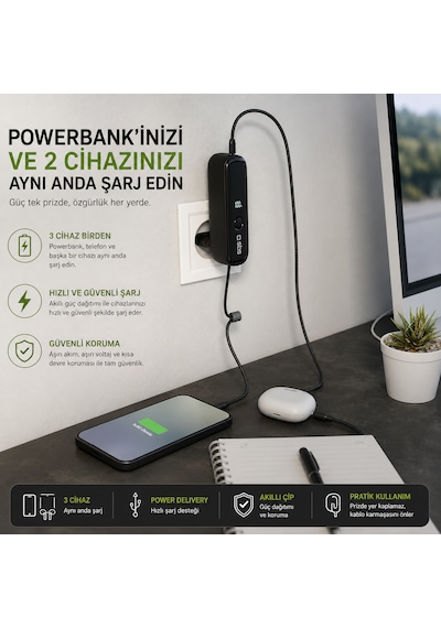 Sbs Hybrid 5000 Mah Powerbank Dahili Eu Fişli Şarj Cihazı Usb-c Pd 20w Dahili Usb-c Kablo Lcd Ekran 3'ü 1 Arada