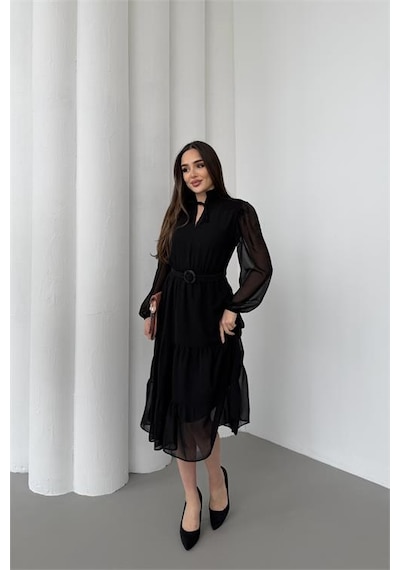Neşeli Butik Kadın Siyah Beli Kemerli Midi Boy Şifon Elbise Nbelb02 Siyah