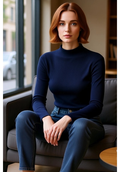 Ersefa Moda Dik Yaka Örme Slim Düz Desen Casual Günlük Regular Uzun Kol Lacivert