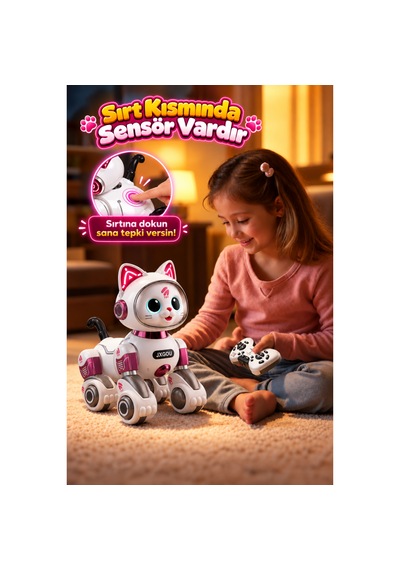 Oyuncak Uzaktan Kumandalı Sensörlü Akıllı Robot Kedi İngilizce Sesli Komutlu Şarjlı Işıklı Sesli Dans Eden Programlanabilir Full Fonksiyon Rc Kedi Pembe