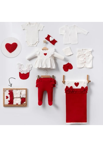 Milays Kız Bebek 0-3 Ay Kalpli %100 Pamuk Lottie Premium 10 Lu Set Kırmızı