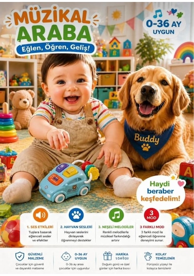 Müzikal Arabam Renkli Pilli Eğitici Ve Eğlenceli Bebek Aktivite Oyuncağı Çok Renkli