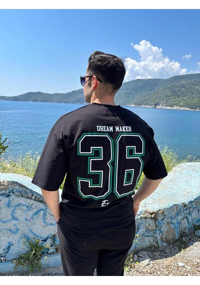 Erkek Bisiklet Yaka Oversize Baskılı T-shirt SIYAH