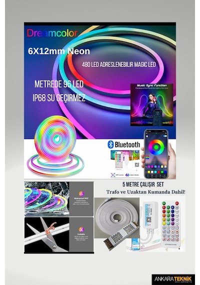Piksel Neon Led 6x12mm 5 Metre Hazır Kumandalı Set/ Ip68 Koruma RGB