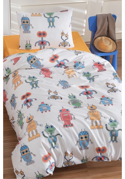 Eponj Home Tek Kişilik Pamuklu Nevresim Takımı 3 Parça Roboti Desen Beyaz / Yumuşak Dokulu Beyaz