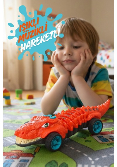 1 Adet Işıklı Müzikli Hareketli Dinozor Figürlü Yürüyen Araba 31 Cm Çok Renkli