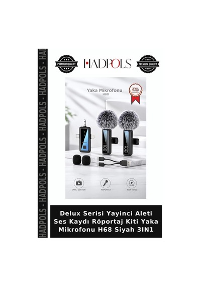 Delux Serisi Yayinci Aleti Ses Kaydı Röportaj Kiti Yaka Mikrofonu H68 Siyah 3ın1