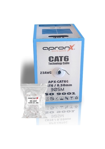 Apronx Cat6 23awg 305 Metre 0,50mm Gri Utp Kablo +100 Adet Ez Jak