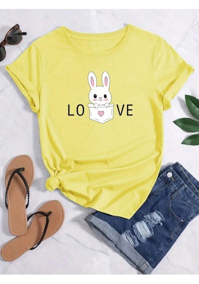 Love Cep Tavşan T-shirt - Sarı Baskılı Oversize Bisiklet Yaka Kısa Kol Tişört Sarı