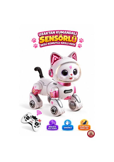 Oyuncak Uzaktan Kumandalı Sensörlü Akıllı Robot Kedi İngilizce Sesli Komutlu Şarjlı Işıklı Sesli Dans Eden Programlanabilir Full Fonksiyon Rc Kedi Pembe