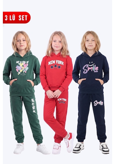 Panios Kids Kız Çocuk 3'lü Baskılı Kanguru Cepli Kapüşonlu Eşofman Takımı Haki-kırmızı-lacivert