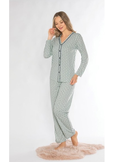 Boydan Düğmeli Mevsimlik Uzun Kol Pijama Takımı Alperi 790-70 YESIL