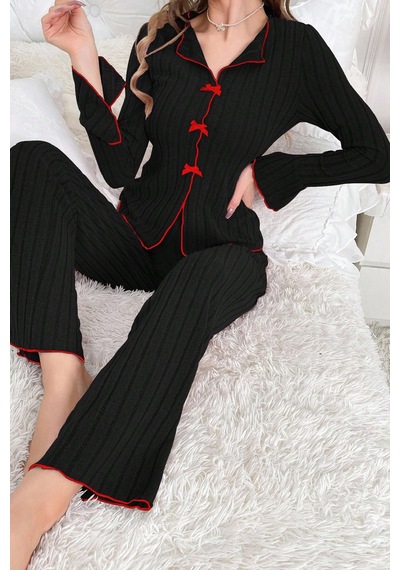Moda Dua Kadın Siyah Kırmızı Biyeli Ve Fiyonklu Uzun Kollu Mevsimlik Pijama Takımı