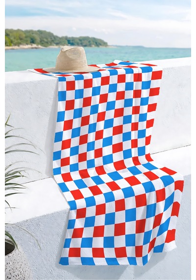Kareli Pötikare Modern Plaj Havlusu-kırmızı Mavi Geometrik Minimalist Hızlı Kuruyan Mikrofiber Havlu Çok Renkli