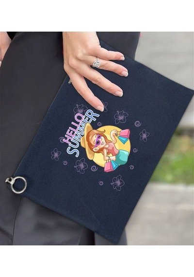 Bk Gift Yaz Temalı-2 Astarlı Lacivert Portföy Çanta 30x21cm, Baskılı El Çantası, Organizer Çanta