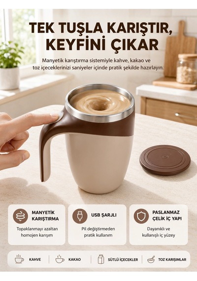 Mey İthalat Manyetik Karıştırıcı Kupa Usb Şarjlı Otomatik Karıştırma Çift Katmanlı Çok Renkli