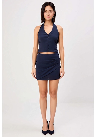 Benerly Kadın Kolsuz V Yaka Crop Top Mini Etek İki Parçalı Dokuma Takım A Lacivert