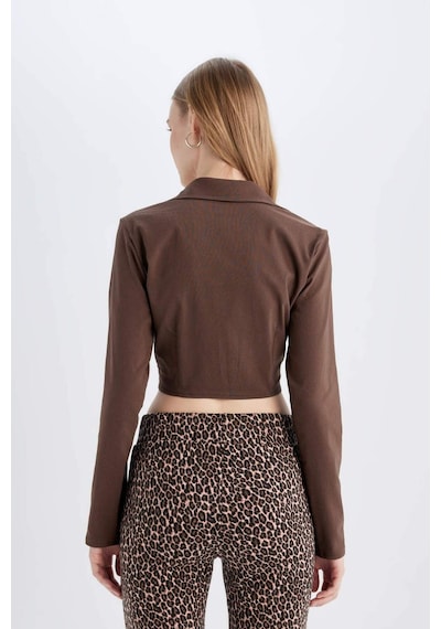 DeFacto Fitted Vucuda Oturan Gömlek Yaka Fermuarlı Bengalin Uzun Kollu Crop Basic Düz Bluz C5037AX24AUBN322